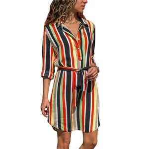 Long Sleeve Shirt Dress Summer Chiffon Boho Beach Women  Striped Print A-Line Mini Dress
