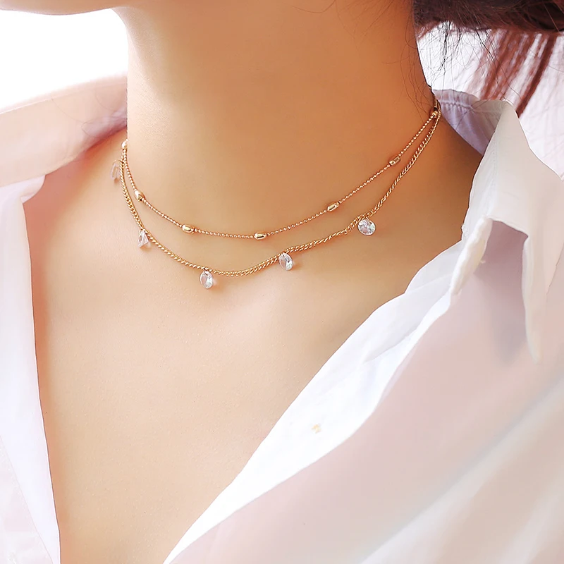 

Double Layer Chain Beads Chain Pendant Rhinestone Choker Necklace for Women Simple Neck Chocker Clavicle Jewelry (KNK5077), Same as the picture