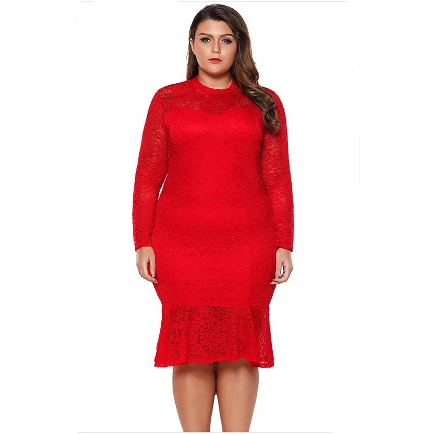 

Women Long Sleeve Lace Plus Size Fashion Long Dress, Black;red