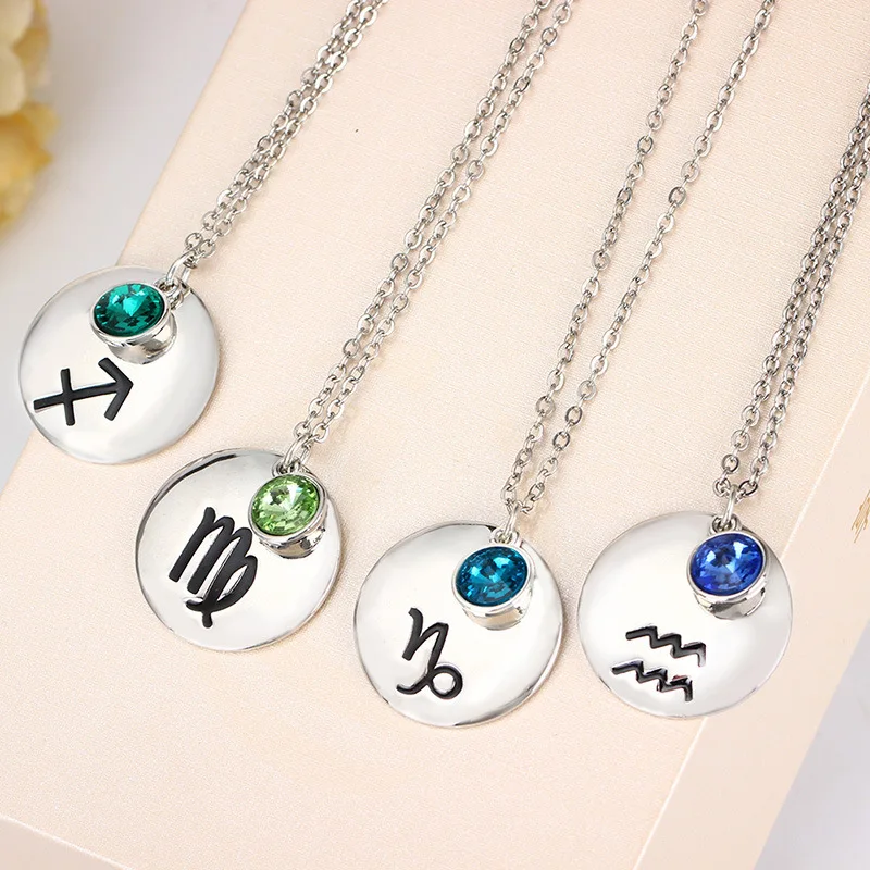 

Stainless Steel Silver Plated 12 Zodiac Sign Disk Pendant Necklace Birthstone Zodiac Constellations Pendant Necklace