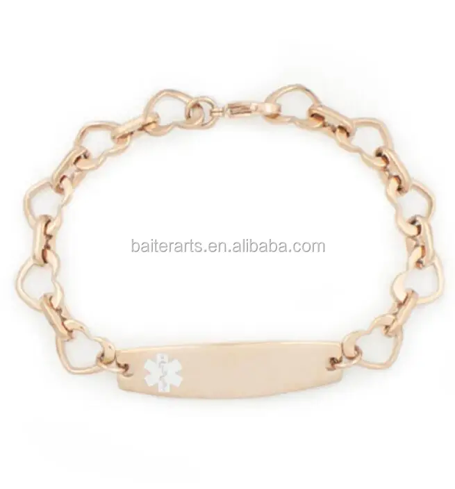 Rose Gold Plated Stainless Steel Open Heart Link Bracelet Medical Alert Tags Bracelet