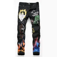 

Black personality trend graffiti print casual jeans Small straight pants for men