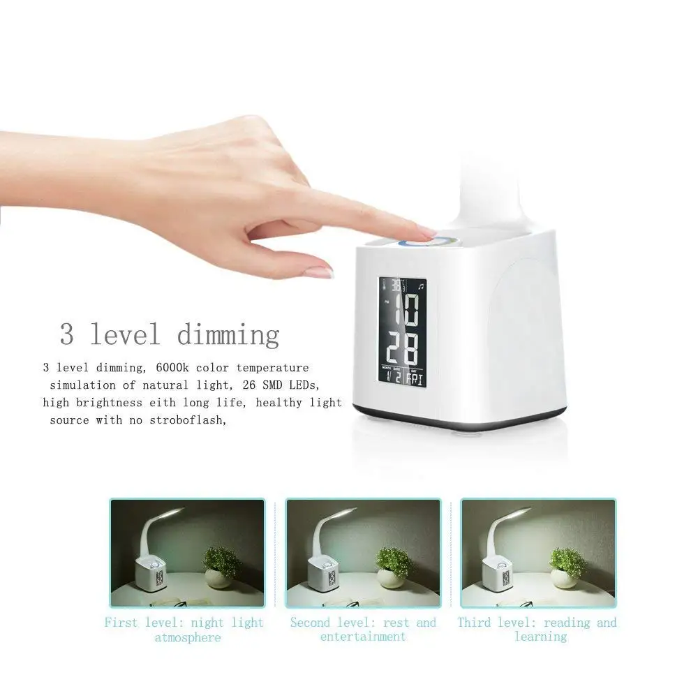 2020 LED Charging Table Lamp with Clock, Pen Holder, Thermometer, Calendar