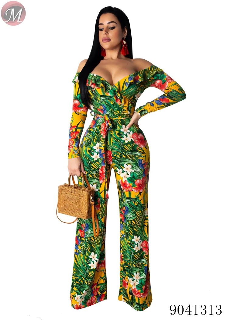 9041313 Off shoulder floral printed wide leg jumpsuit women