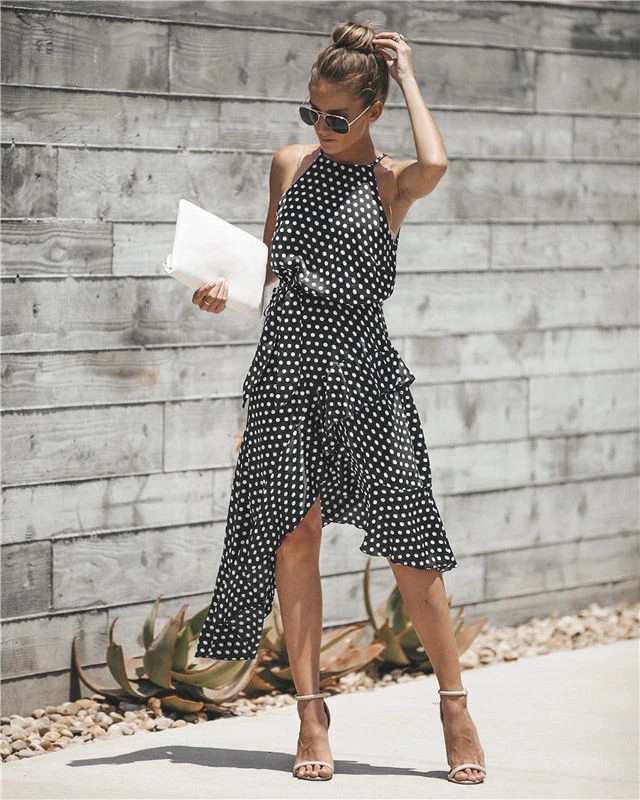 

Hot Sale Women Dress Halter Dot Lace Polyester Long Sleeve Casual Dress, N/a