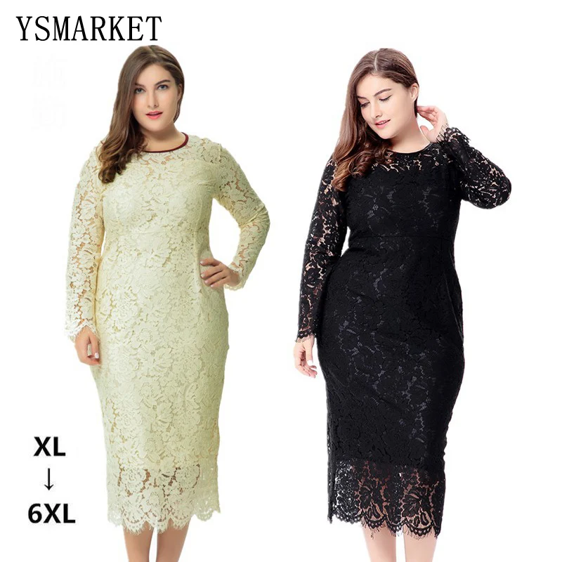 

YSMARKET 2018 spring plus size XL-6XL long sleeve lace dress women bodycon sheath sexy party elegant Mid-Calf dresses ESQ0082, N/a