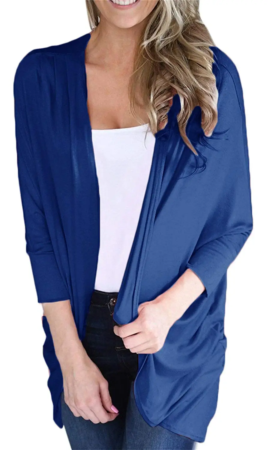 Pxmoda Womens Casual Open Front Lightweight Kimono Bat 3/4 Sleeve Irregular Hem Cardigans