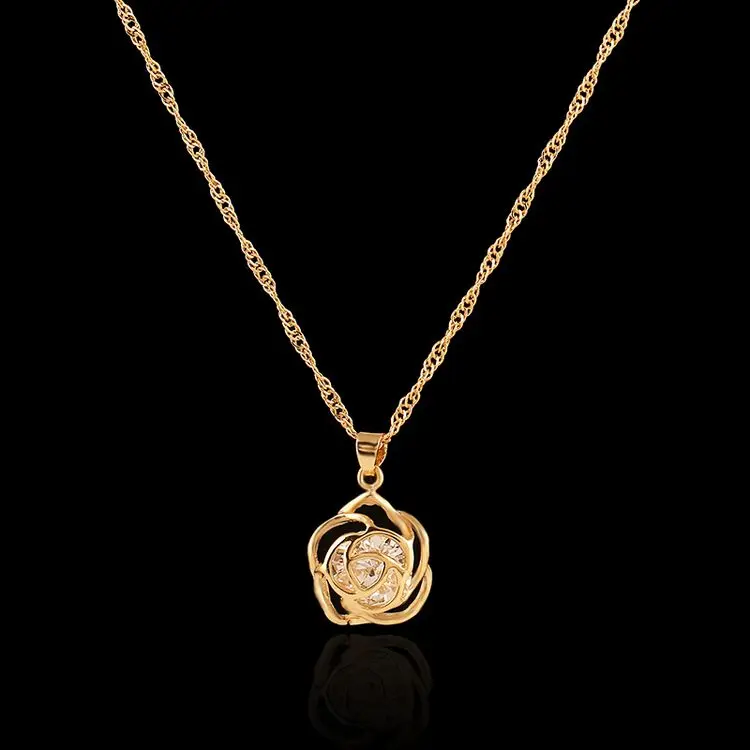 Gold Plated Zirconia Crystal Hollow Vintage Rose Flower Long Necklaces & Pendants Fashion Jewelry
