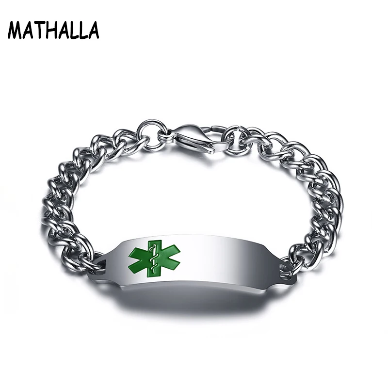 

Minimalist Jewelry Green Medical Alert Stainless Steel ID Tag Charm Cuban Curb Link Chain Bracelet Homme