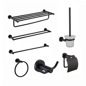 Image of Matte Black Modern Bathroom Accessories Set Wall Mounted
