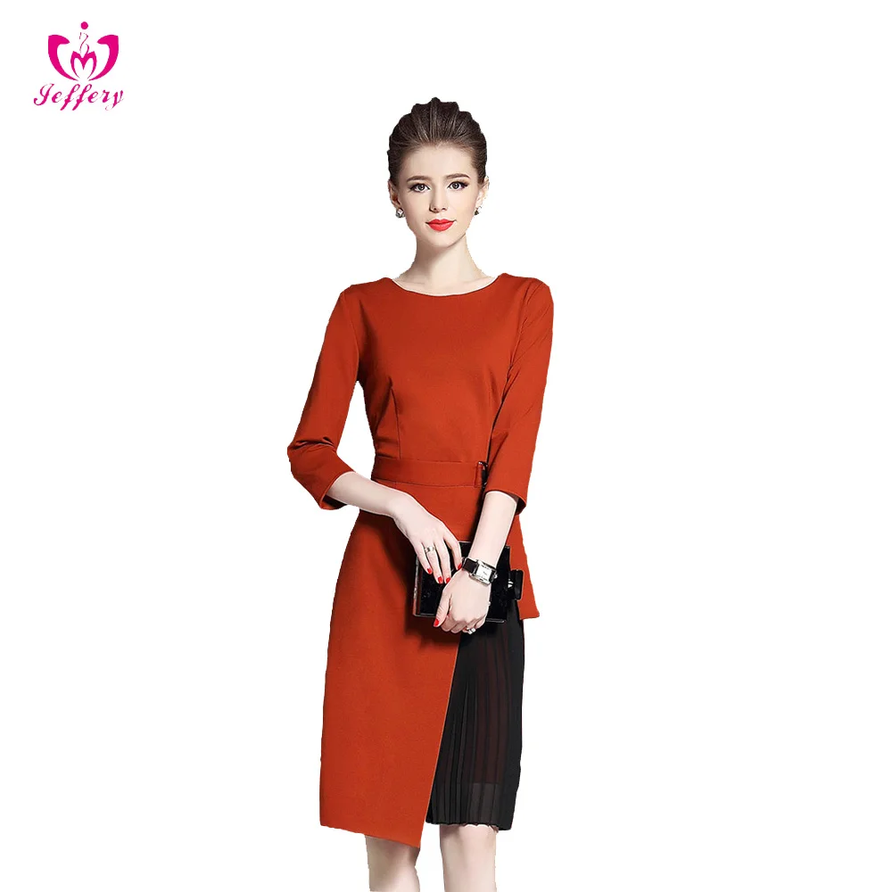 

Winter wear fashion red and black long sleeves party dress with belt K1049, As pic