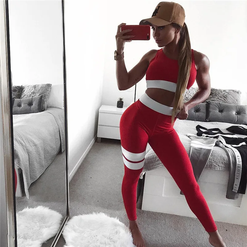 

Women's Sport Suit Leg White Stripe Legging Slim Gym Yoga Sets