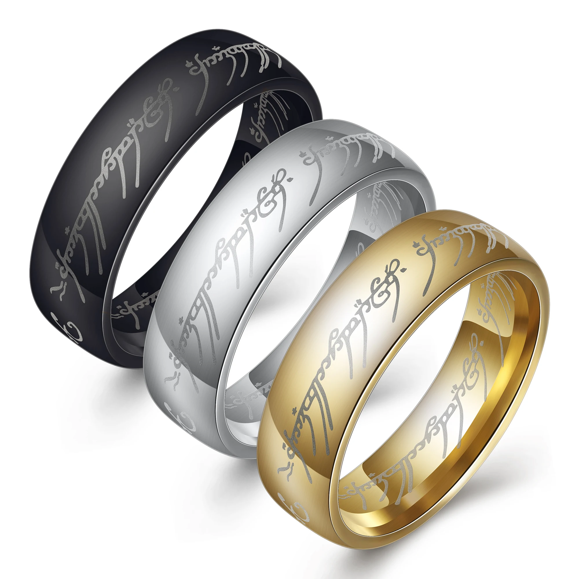 316L Titanium Steel Hobbit Letter Rings For Men Black Stainless Steel Party ring 6MM