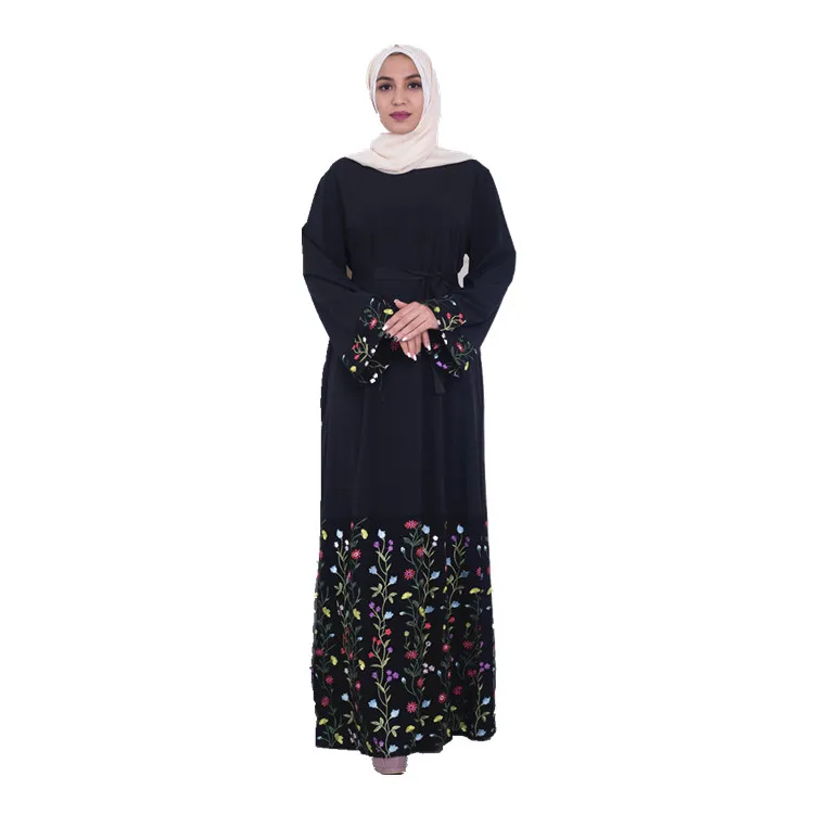

2019 wholesale dubai embroidery muslim black maxi dress