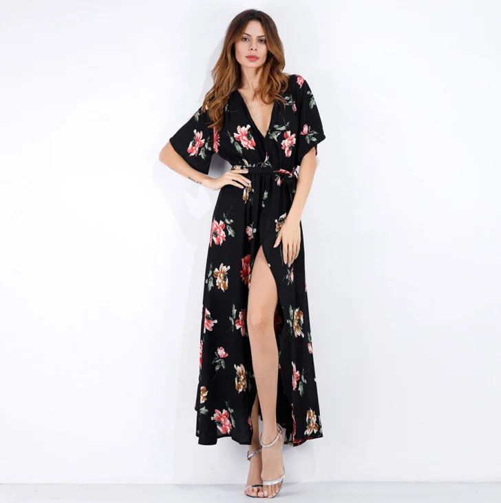 

QF0302 2019 summer casual V-neck printed beach floral chiffon dresses