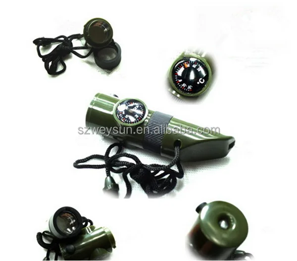 

7 in 1 Multifunctional Military Survival Kit Magnifying Glass Whistle Compass Thermometer LED Light, Olive green