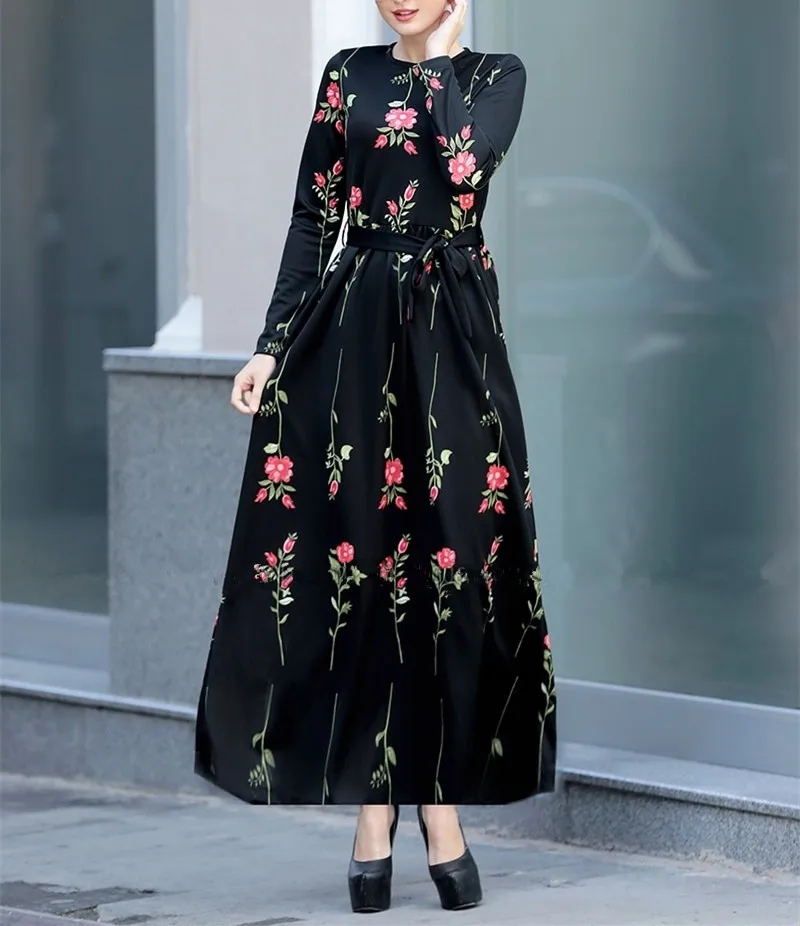 

2019 new design cheap muslim women long sleeve kaftan maxi dress, Black