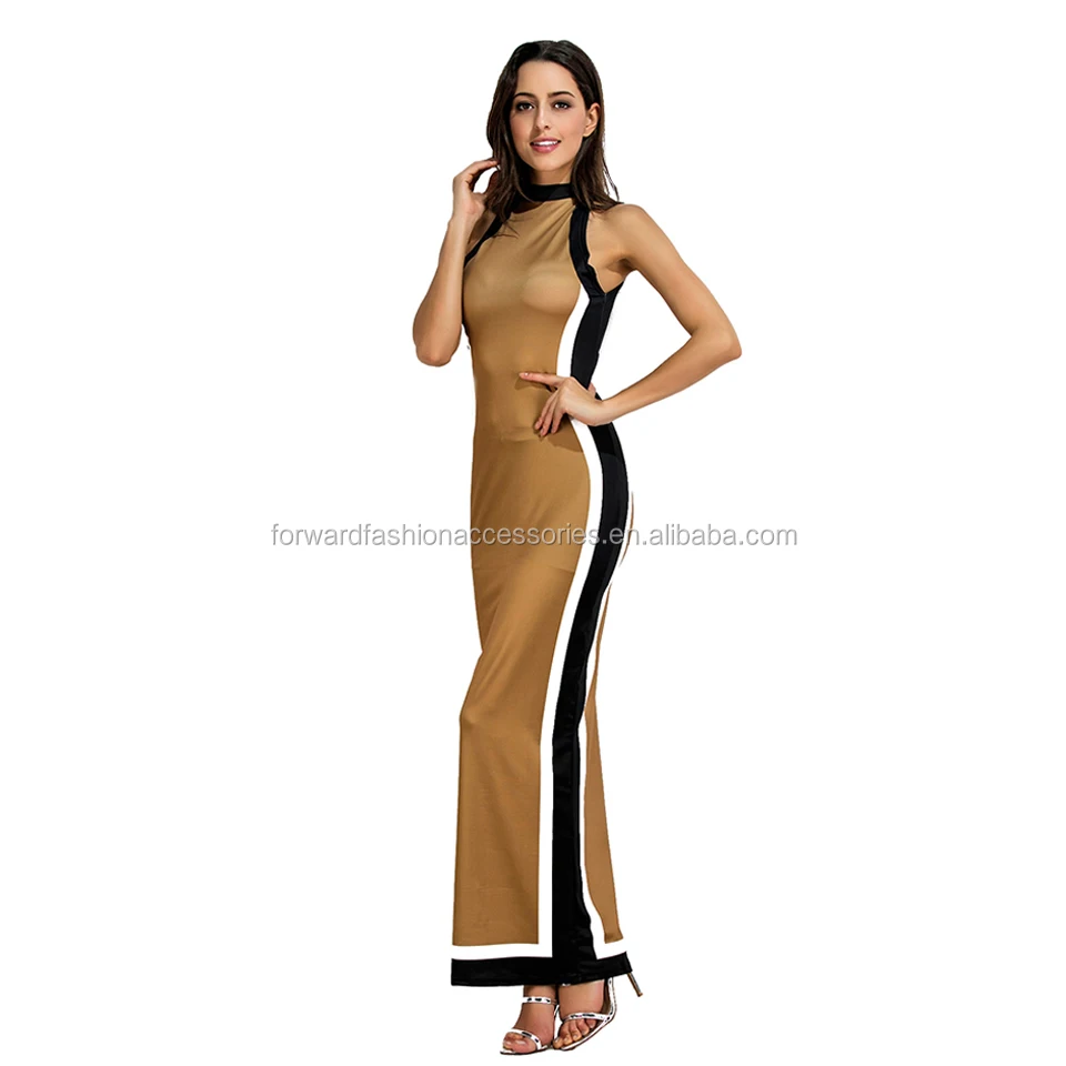 

Halter Long European Design Splicing Bodycon Woman Floor Length Dresses, Multi-color