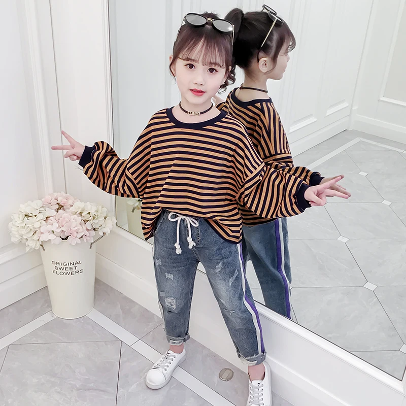 
High Quality Girls Spring Long Pants Denim Pants Kids Popular Loose Casual Stripes Jeans 