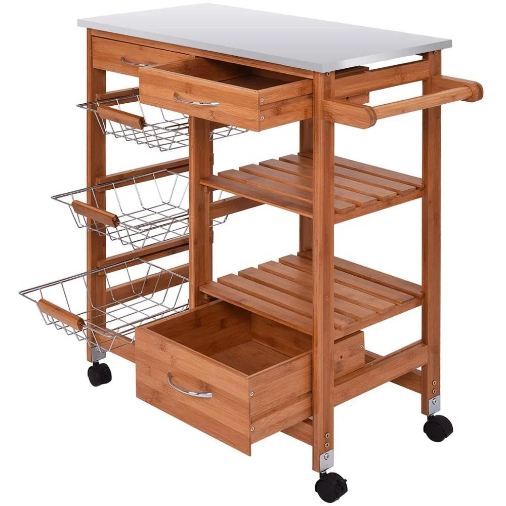
Luxury stainless steel top bamboo kitchen cart with drawer basket towel rack 