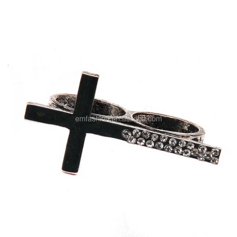 

Fashion Korean Style Vintage Rhinestone Religion Cross Double Two Finger Ring, Black,anti.gold,anti.silver