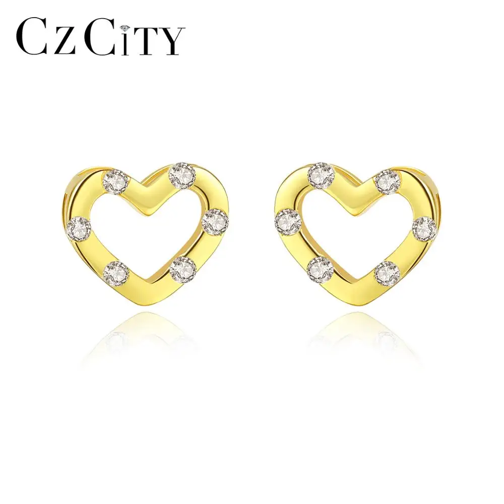 CZCITY Heart Design Stud Earrings 925 Sterling Silver with Six CZ Stone Bridal Bijoux Earring