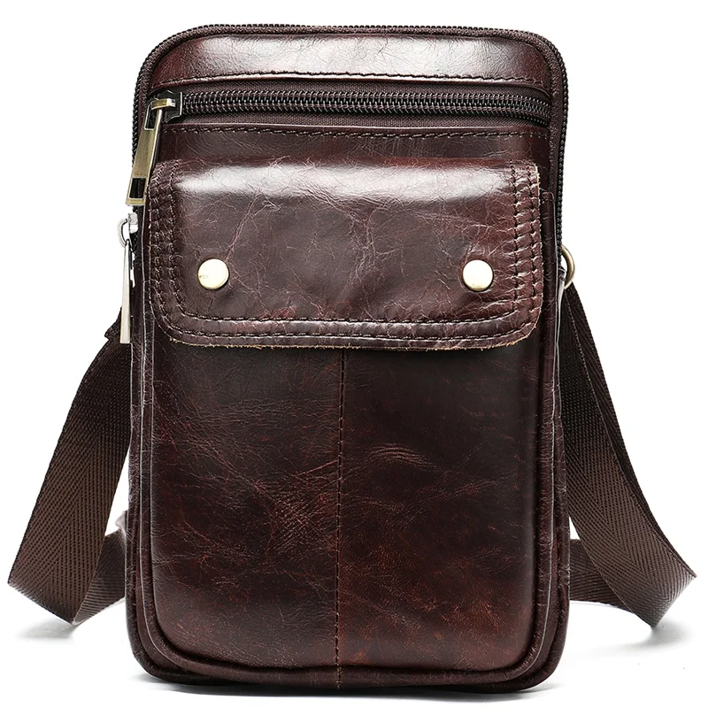 

8328 Male Genuine Leather Crossbody Bags flap Men's Shoulder Messenger Phone Pouch Fanny Belt Bags tas kulit pria, Brown, coffee