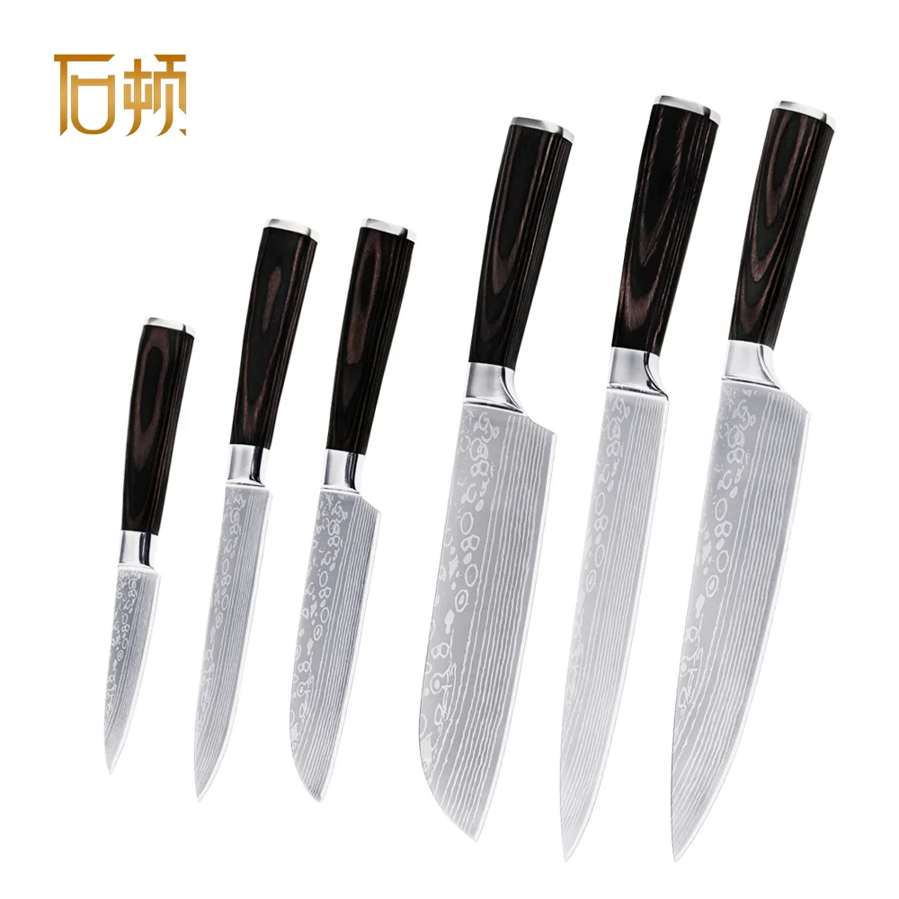 

7cr17mov Stainless Steel Kitchen Knife Set #10 Laser Damascus Veins Blade Pakka Wood Handle 6pcs Knives for Chef Cooking Tools