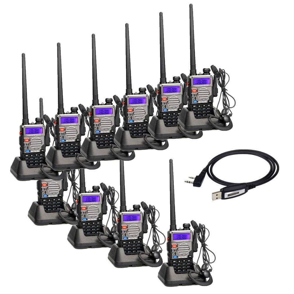 

10Pack Retevis RT5RV DTMF VOX Dual Band Walkie Talkie 5W 128CH VHF/UHF136-174/400-520MHz Two way radio+Earpiece+Program Cable