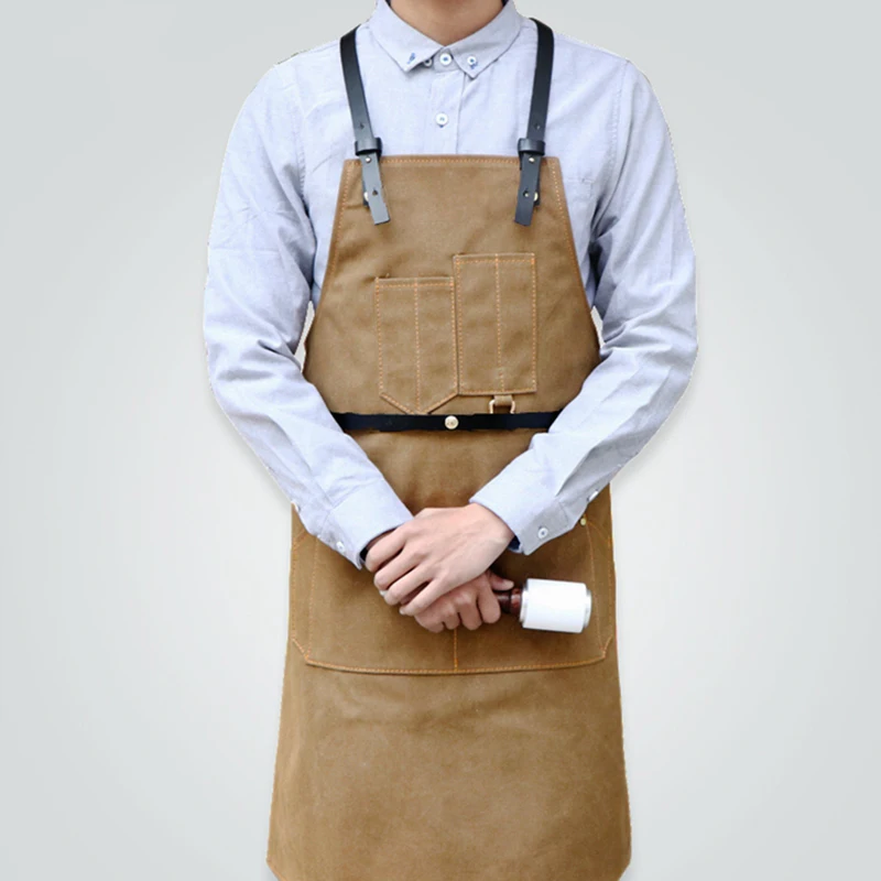 

Wear-resistant Thick Canvas Fabric Combine Leather Belts Fashion Tooling Apron for Cafe or Studio Workwear Custom Logo, Dark khaki;black;coral red
