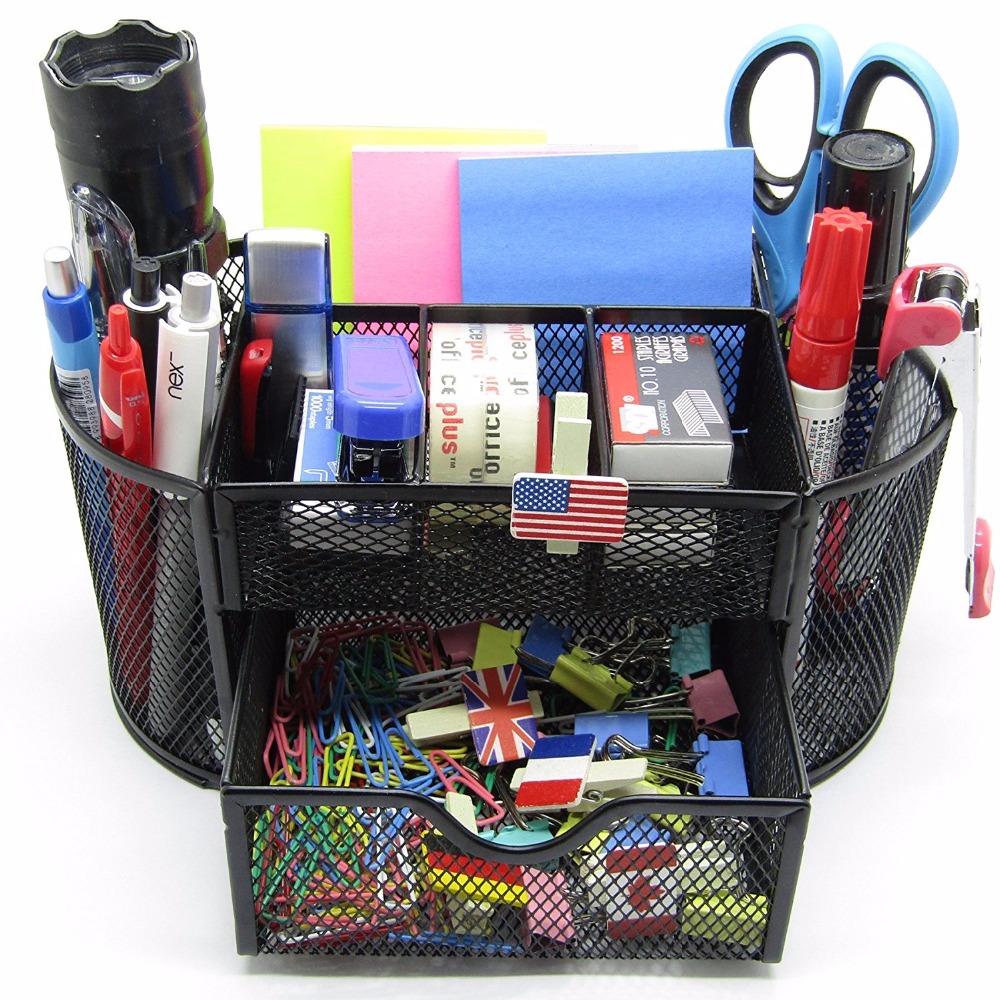 
Space Saving Black 8 Compartment Office School Supply Desktop Metal Wire Mesh Organizer with Drawer 