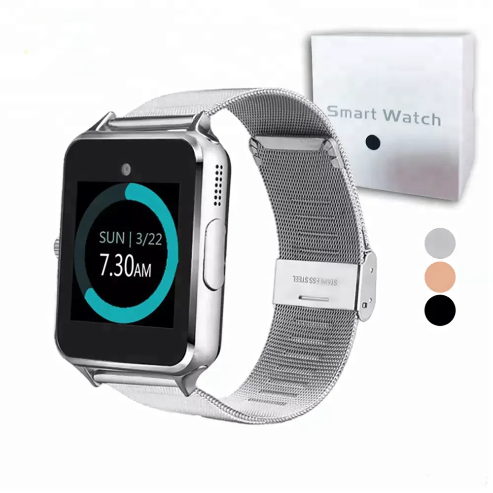 

Hot Sale 2019 smart watch z60 stainless steel wireless wrist watch support TF sim card with retail package, Black/silver/rose gold
