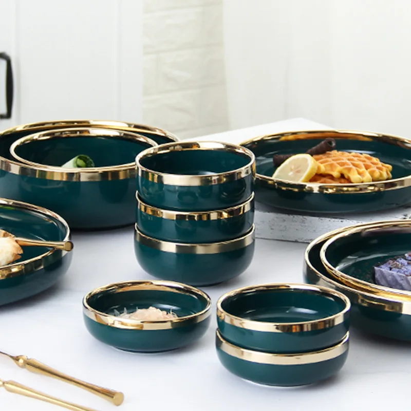 

Nordic luxury 10pcs set Commercial Cheap dinner round gold rim ceramic plate dinnerware sets for restaurant, Dark green gold rim