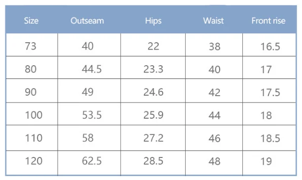 size chart jogger pants