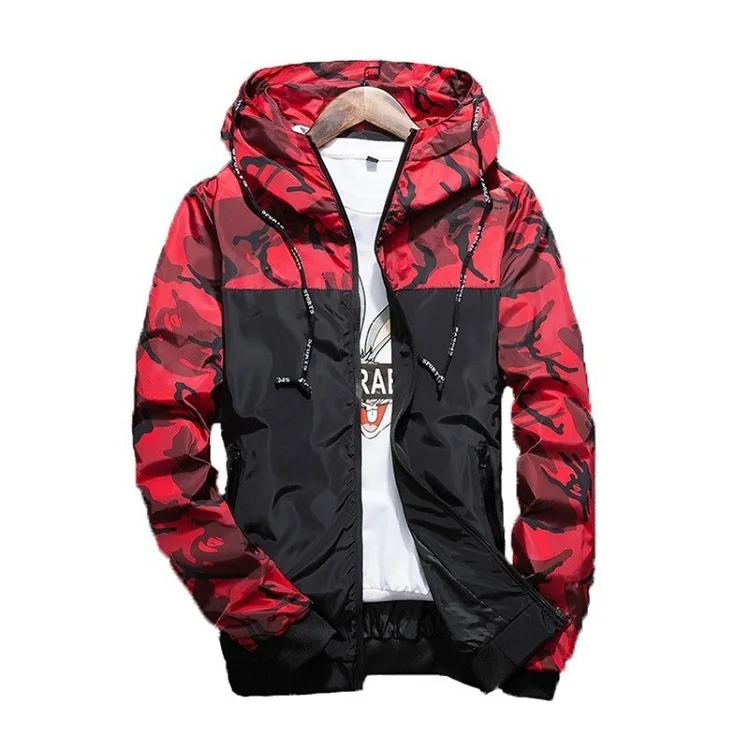 

Wholesale Custom Logo Fashion Hip Hop Camouflage Hooded Windbreaker Jackets Coat Men