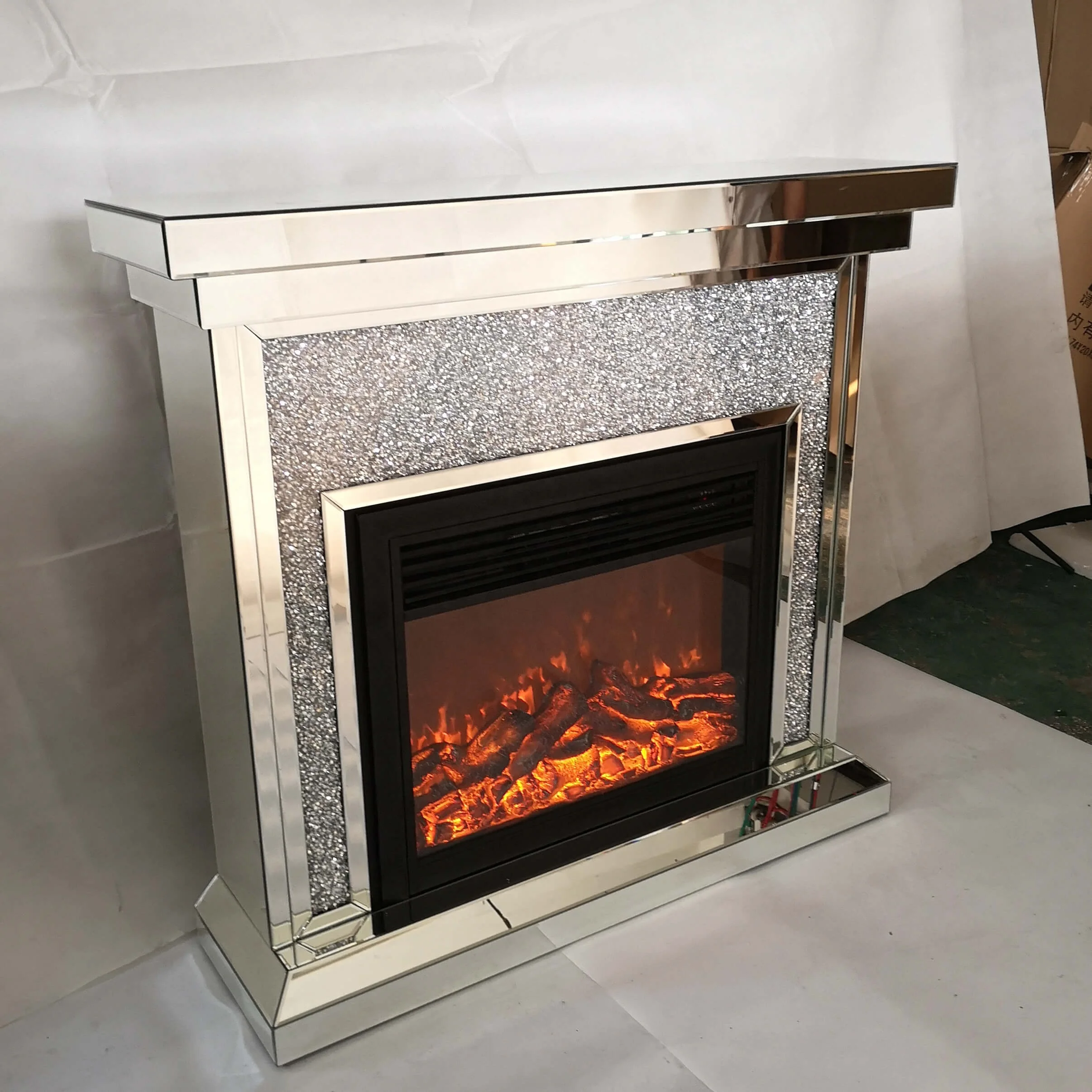 Decorative Electric Sparkle Diamond Crush Mirror Fireplace With