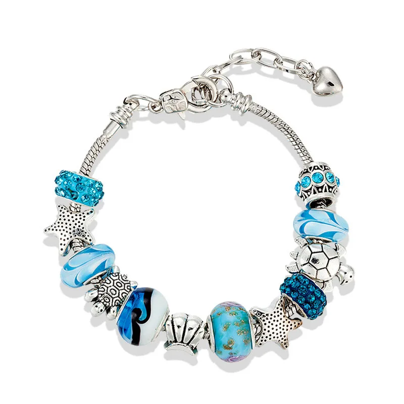 

Ocean Animal Blue Murano Glass Beads Bracelet DIY Silver Chain Sea Turtle Shell Starfish Charms Bracelet