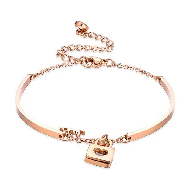 

Personality Women's 316L Stainless Steel Love Lock Bracelet Bangle, Rose gold