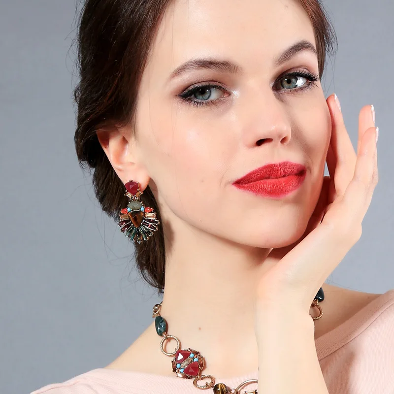 Factory Wholesale Baroque Style Retro Luxury Colorful Gemstone Natural Stone Earring for Women