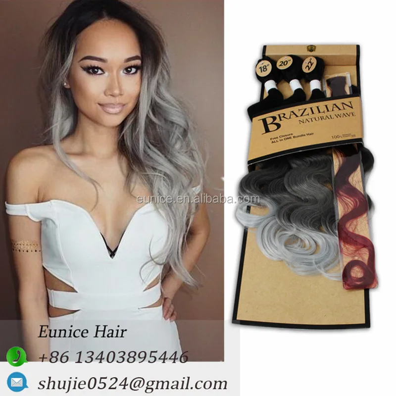 

Synthetic ombre Grey With 1B Brazilian Body Wave 3bundles blond Synthetic Hair Weaving with 1pc Natural Closure in One Pack, N/a