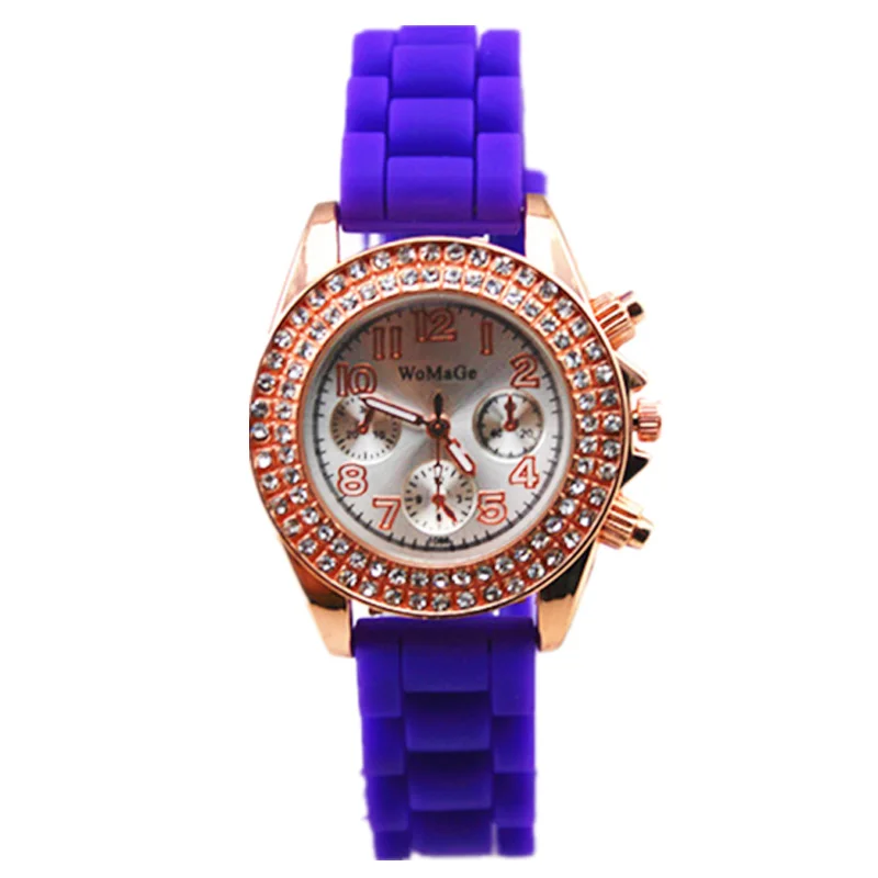 

fashion style 11 colors Silicone Strap womage brand Women Lady Diamond quartz watch hot sales silicone watches jelly