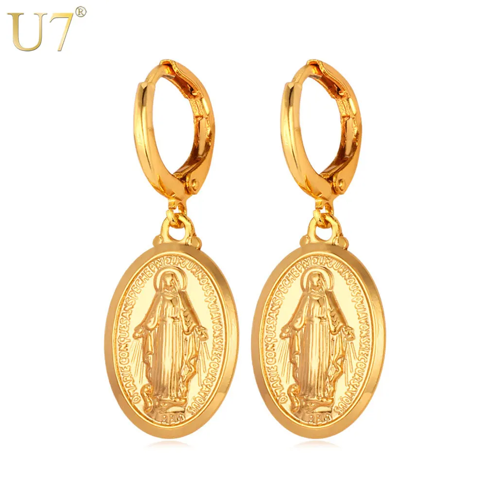 

U7 18K Gold Plated Gift Virgin Mary Cross Earrings for Women Girl, Gold/ platinum color