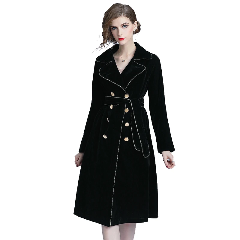 

Wholesale In Stock Quality Women Winter Velvet Overcoat Fashion women trench coat, Black