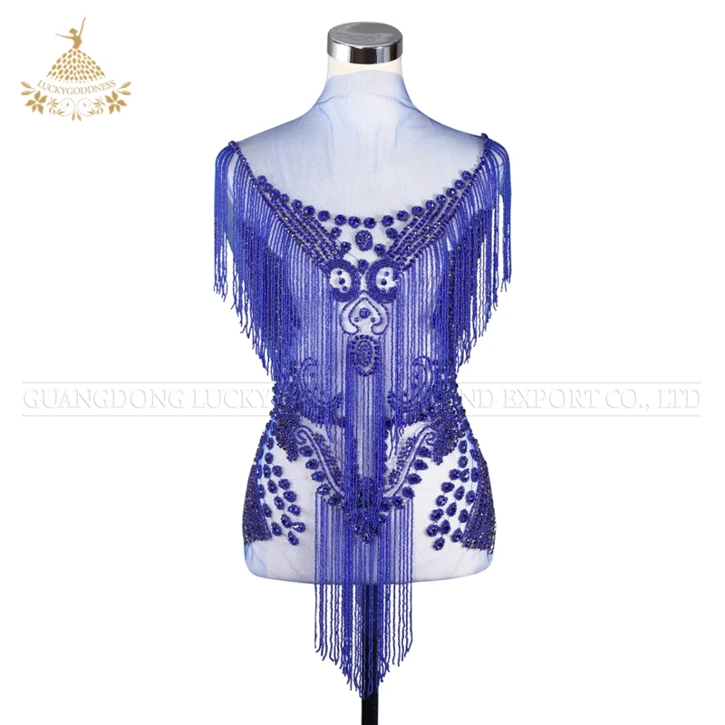 

Hot sale fringed clear royal blue panels beads Rhinestone bodice appliques