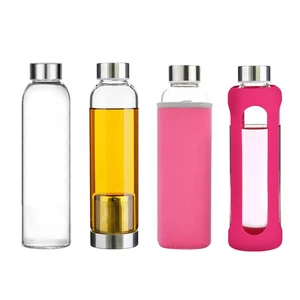 Image of Leakproof high borosilicate glass water bottle with nylon protective sleeve and stainless steel lid portable