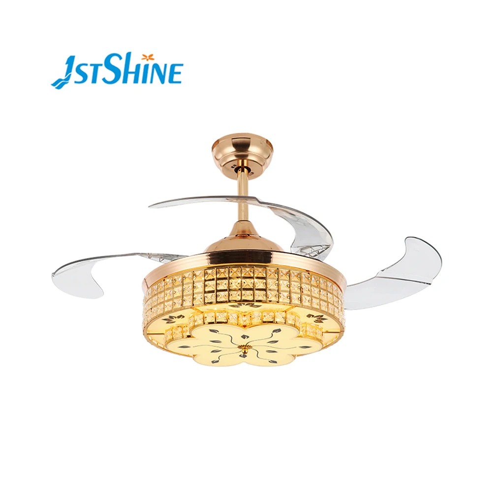 42 inches gold modern series fancy crystal LED room ceiling fan with transparent clear blades and lights and remote