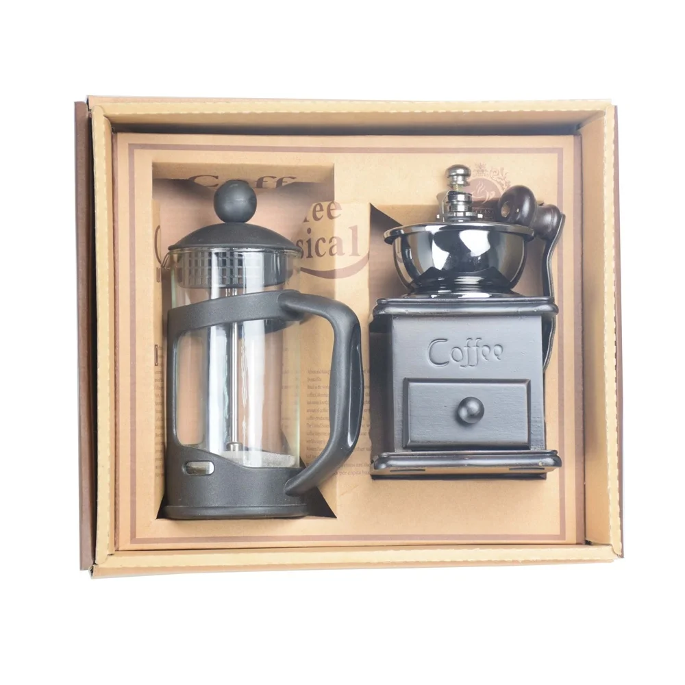 

T1000 Amazon Hot Sale Popular Espresso Coffee Accessories Coffee Set Glass French Press + Coffee Grinder Gift Box, Brown