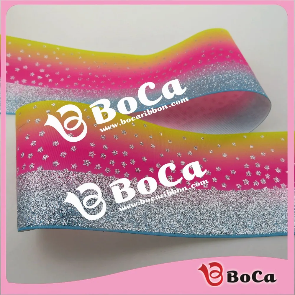 

3 inch () ombre silver glitter rainbow heat transfer printed grosgrain ribbon