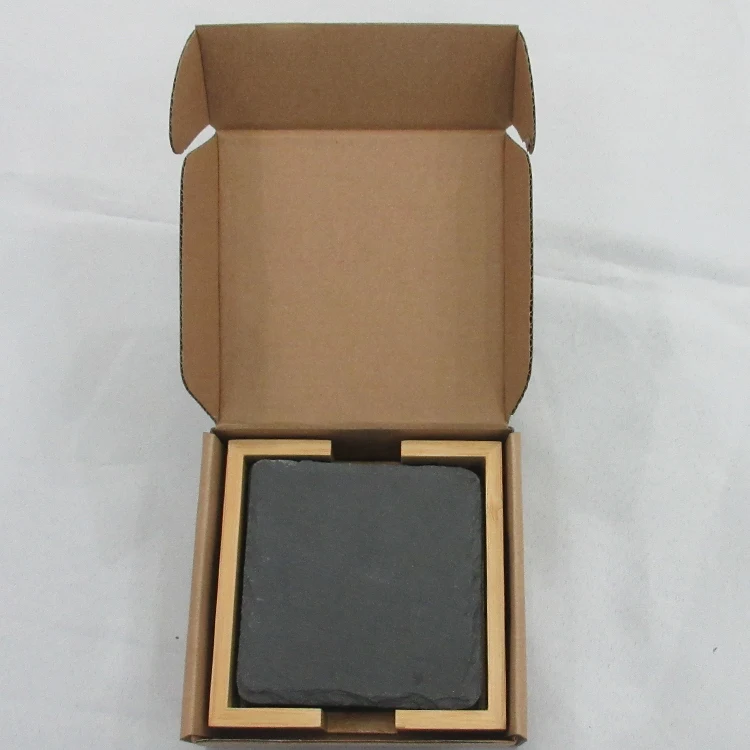 2020 New Packaging Black Slate Square Coaster in Bamboo Holder