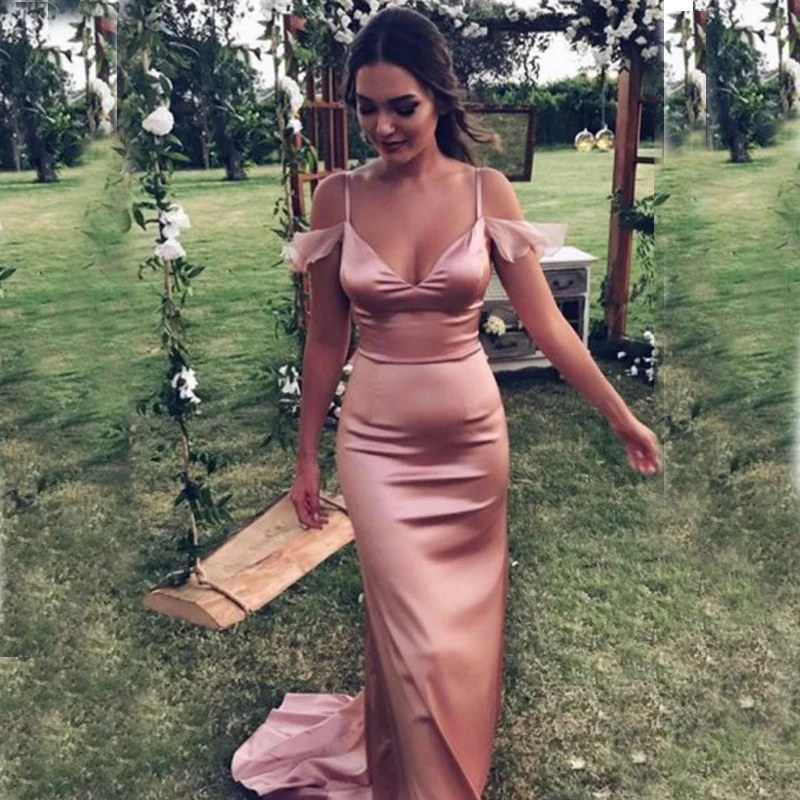 

Rose Gold Spaghetti Straps Off Shoulder Formal Long Night Evening Gown, Custom made